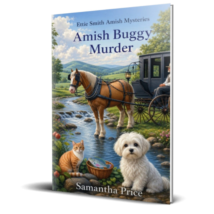 Book cover of 'Amish Buggy Murder' by Samantha Price with a horse, carriage, and animals near a stream.
