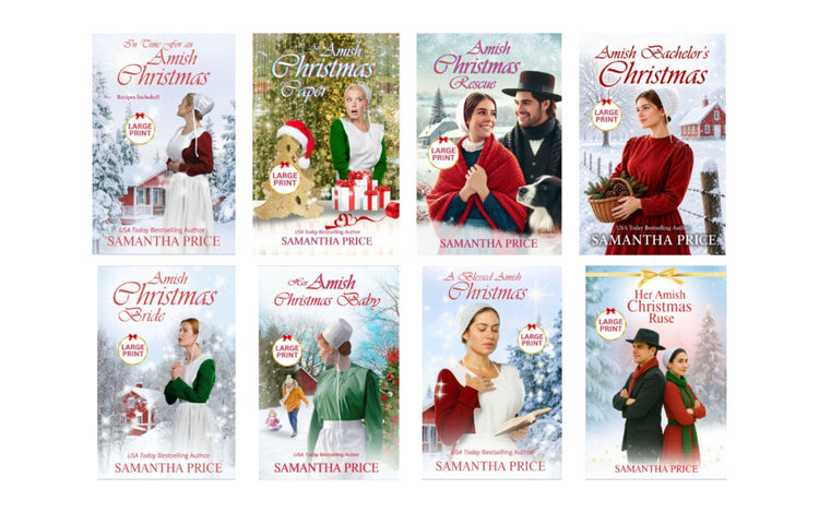Eight book covers for Amish Christmas romance novels by Samantha Price are arranged in a 2x4 grid on a white background. The covers feature vintage-style illustrations and photographs of Amish couples in winter clothing, with red and green holiday colors and snowy village scenes.
