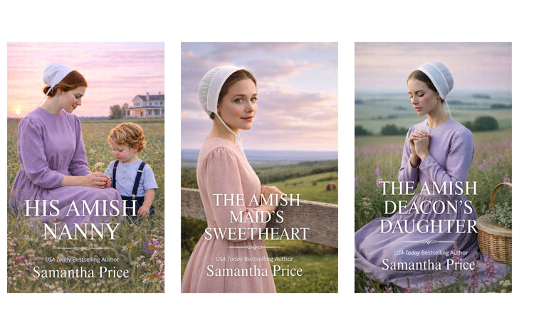 Three book covers featuring a woman in Amish attire with scenic backgrounds, written by Samantha Price.