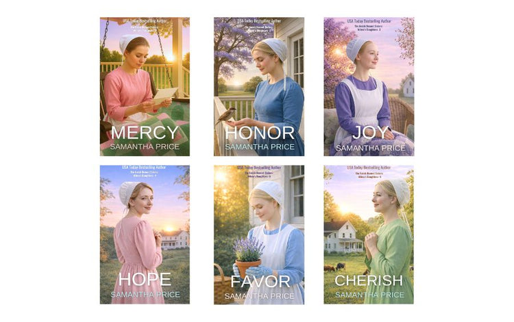 Six book covers arranged in a 2x3 grid on a white background. Each cover shows a woman in a white bonnet in front of a house, with titles Mercy, Honor, Joy, Hope, Favor, and Cherish, and the author name Samantha Price visible on the covers.