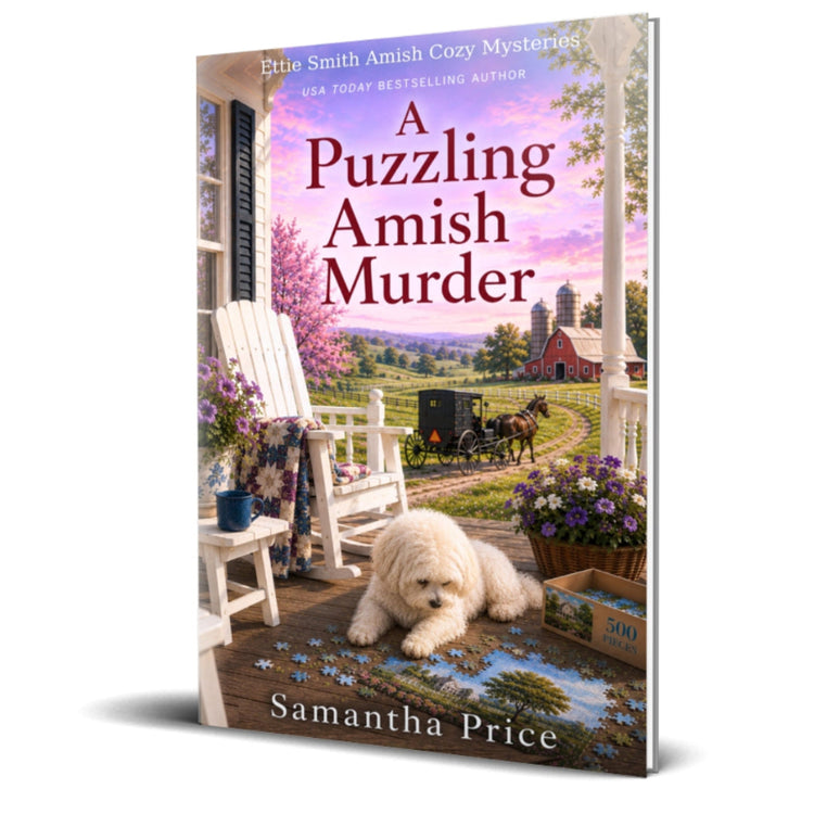 Book cover of 'A Puzzling Amish Murder' by Samantha Price with a scenic Amish village and dog on a wooden floor.