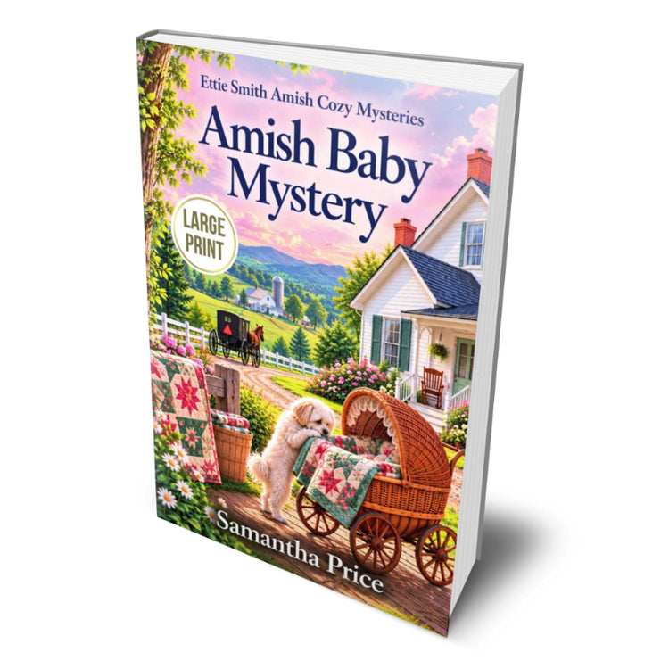 large print cover with an amish scene, baby carriage and a small white dog