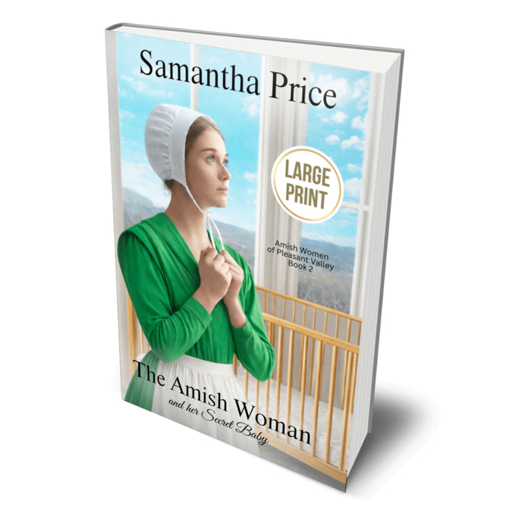 Book cover of 'The Amish Woman and her Secret Baby' by Samantha Price with a woman in an Amish outfit holding a baby.