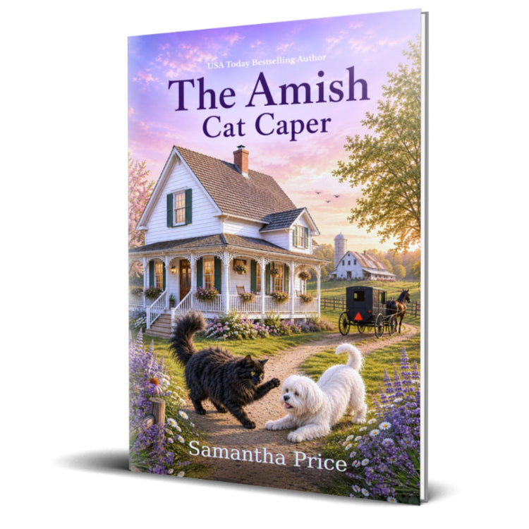 Book cover of 'The Amish Cat Caper' by Samantha Price with a house, cats, and a horse-drawn carriage on a colorful background.