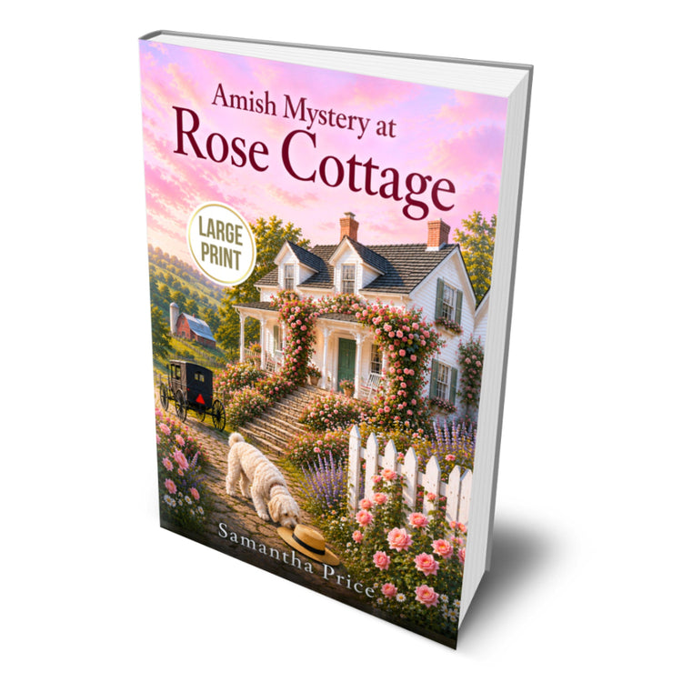 Book cover of 'Amish Mystery at Rose Cottage' with a large print label and illustration of a house and garden.