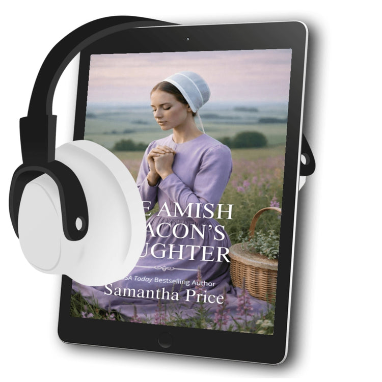 Tablet with a book cover of 'Amish Bacon's Daughter' by Samantha Price, displayed with headphones.