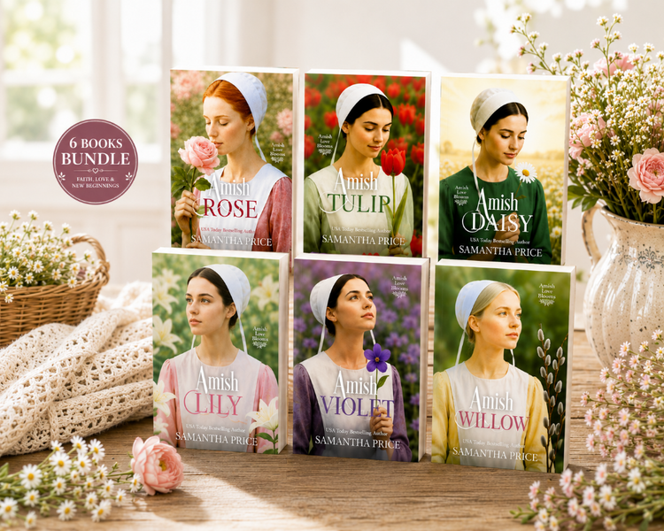Six Amish novels by Samantha Price are displayed in a styled arrangement on a wooden table with flowers, a crocheted blanket, and a basket. A round badge on the left reads '6 BOOKS BUNDLE'.