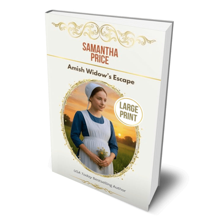 A large print paperback book titled "Amish Widow's Escape" by Samantha Price, shown standing upright at a slight angle on a white background. The cover is predominantly white with gold decorative flourishes, brown text, and a central oval photo of a woman in traditional Amish clothing holding flowers at sunset.