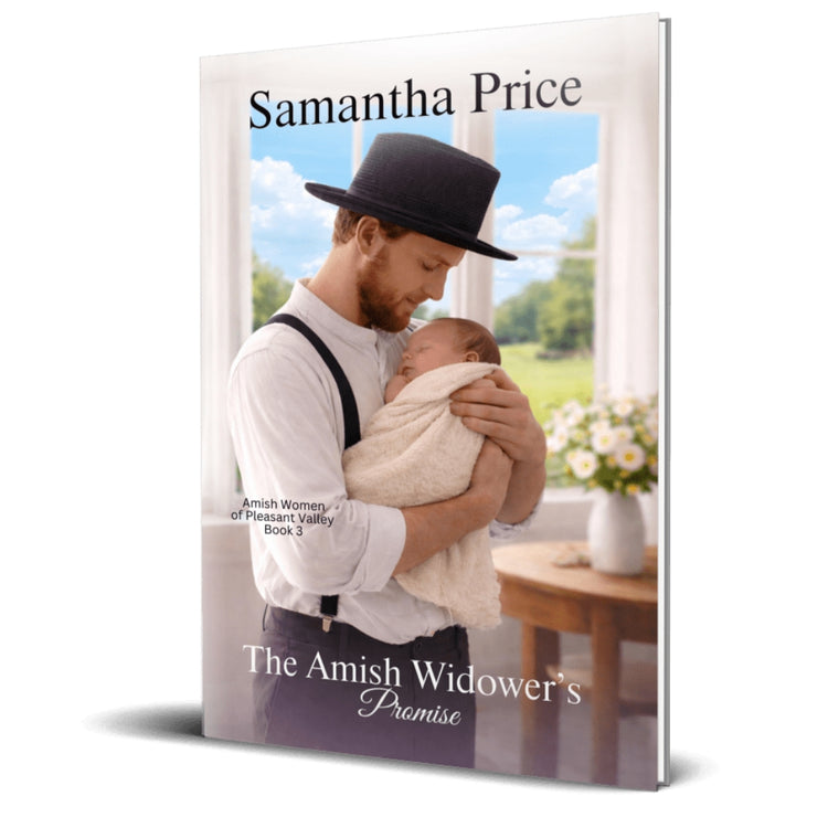 Book cover of 'The Amish Widower's Promise' by Samantha Price with a man holding a baby.