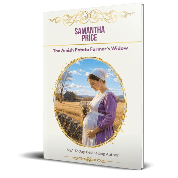 Book cover for 'The Amish Potato Farmer's Widow' by Samantha Price, featuring a white background with gold decorative flourishes and a central oval photo of a pregnant woman in a purple dress standing in a field.