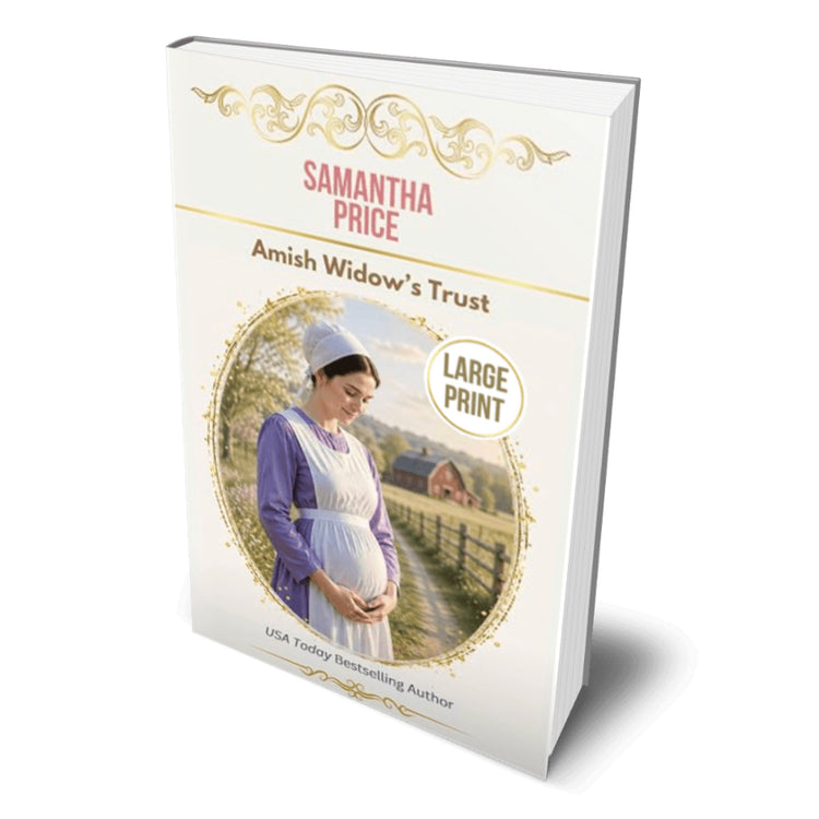 A large print book cover for 'Amish Widow's Trust' by Samantha Price, shown as a 3D book mockup on a white background. The cover is predominantly white with elegant gold flourishes, pink and brown text, and a central circular photograph of a pregnant woman in traditional Amish clothing.