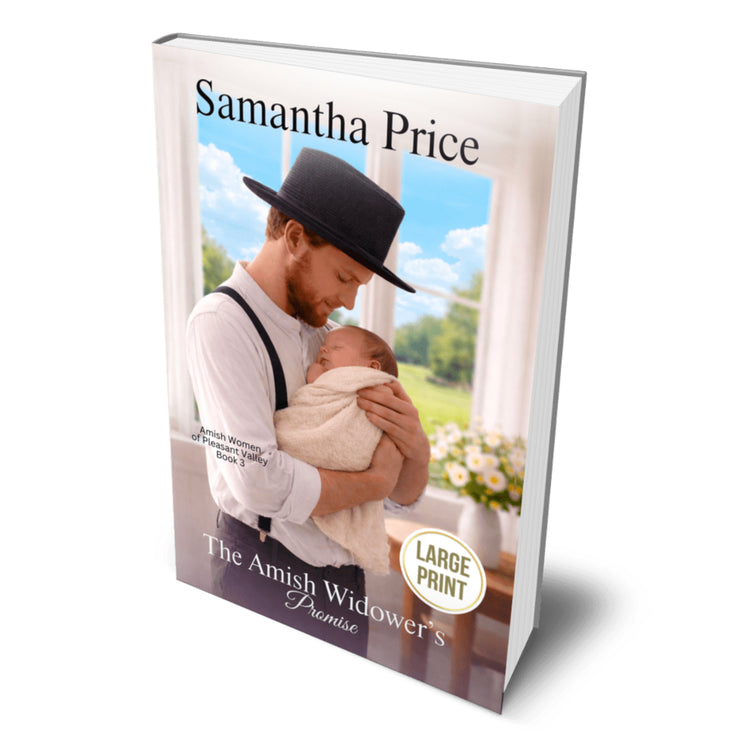 Book cover of 'The Amish Widower's Promise' by Samantha Price with a man holding a baby.