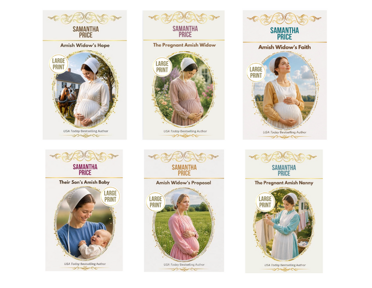 Six book covers arranged in a 2x3 grid on a white background. Each cover features the author name Samantha Price and a different title from the Amish Widow series, including Hope, The Pregnant Amish Widow, Amish Widow's Faith, Their Son's Amish Baby, Amish Widow's Proposal, and The Pregnant Amish Widow.