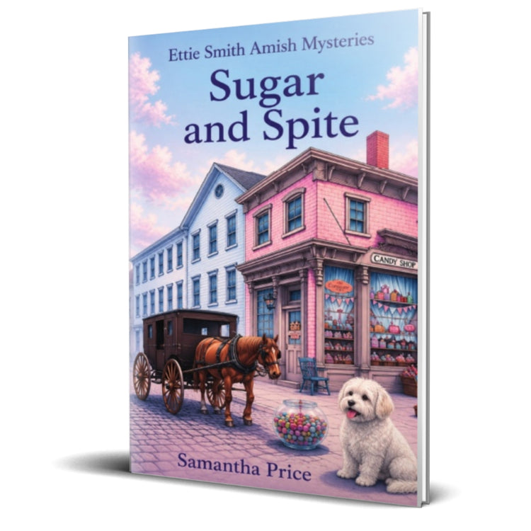 Book cover of 'Sugar and Spite' by Samantha Price with a horse and carriage and a dog on a street scene.