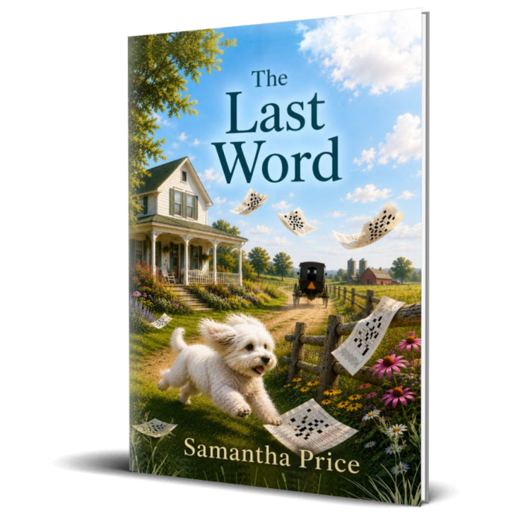 Book cover of 'The Last Word' by Samantha Price with a dog, house, and carriage on the cover.