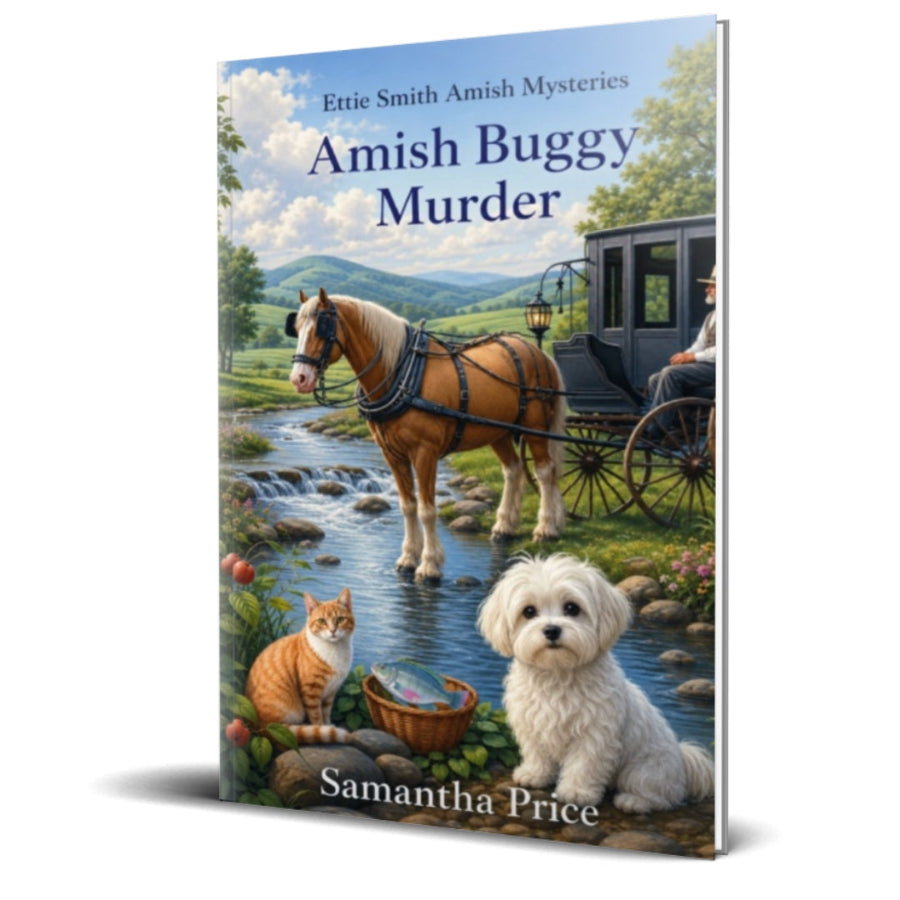Book cover of 'Amish Buggy Murder' by Samantha Price with a horse, carriage, and animals near a stream.