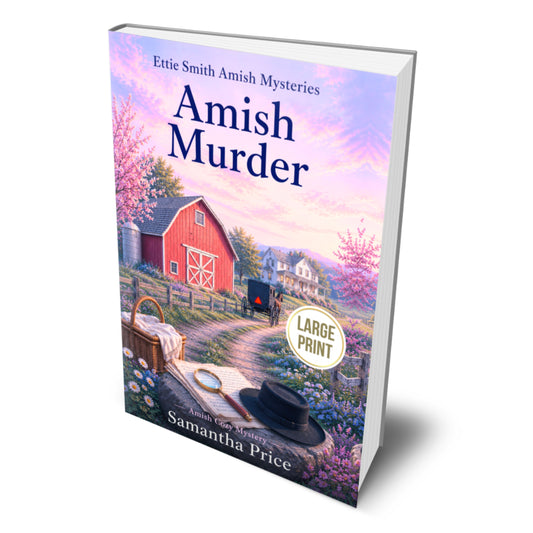 Book titled 'Amish Murder' by Samantha Price with a red barn and country scene on the cover.