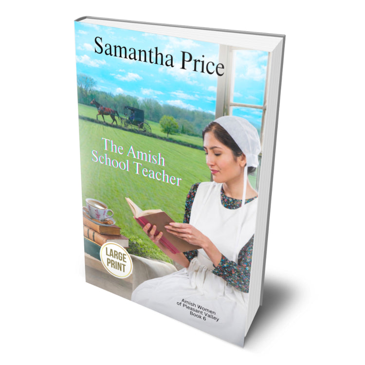 Book cover of 'The Amish School Teacher' by Samantha Price with a woman in traditional Amish clothing reading a book.
