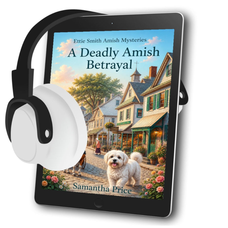 An amish cozy mystery audiobook with an amish town horse and buggy and dog on the cover