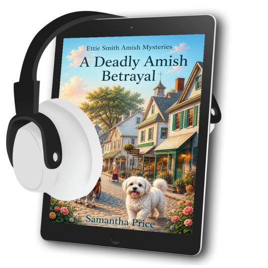 An amish cozy mystery audiobook with an amish town horse and buggy and dog on the cover