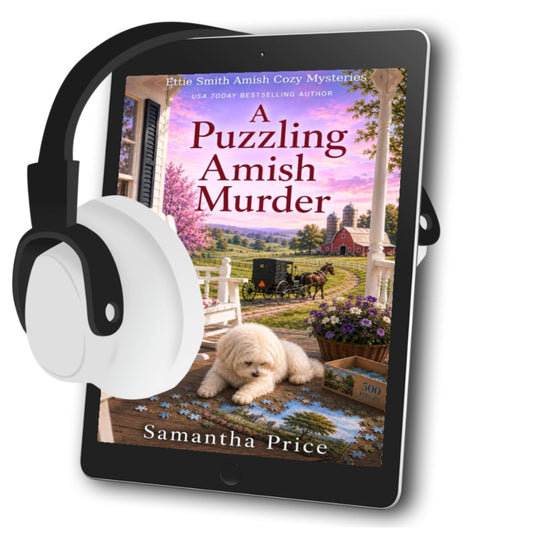 An amish cozy mystery audiobook with a horse and buggy and dog on the cover 