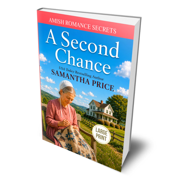 A 3D book mockup of 'A Second Chance' by Samantha Price, featuring a cover with a blue sky, a woman sewing, and a house, set against a plain white background.