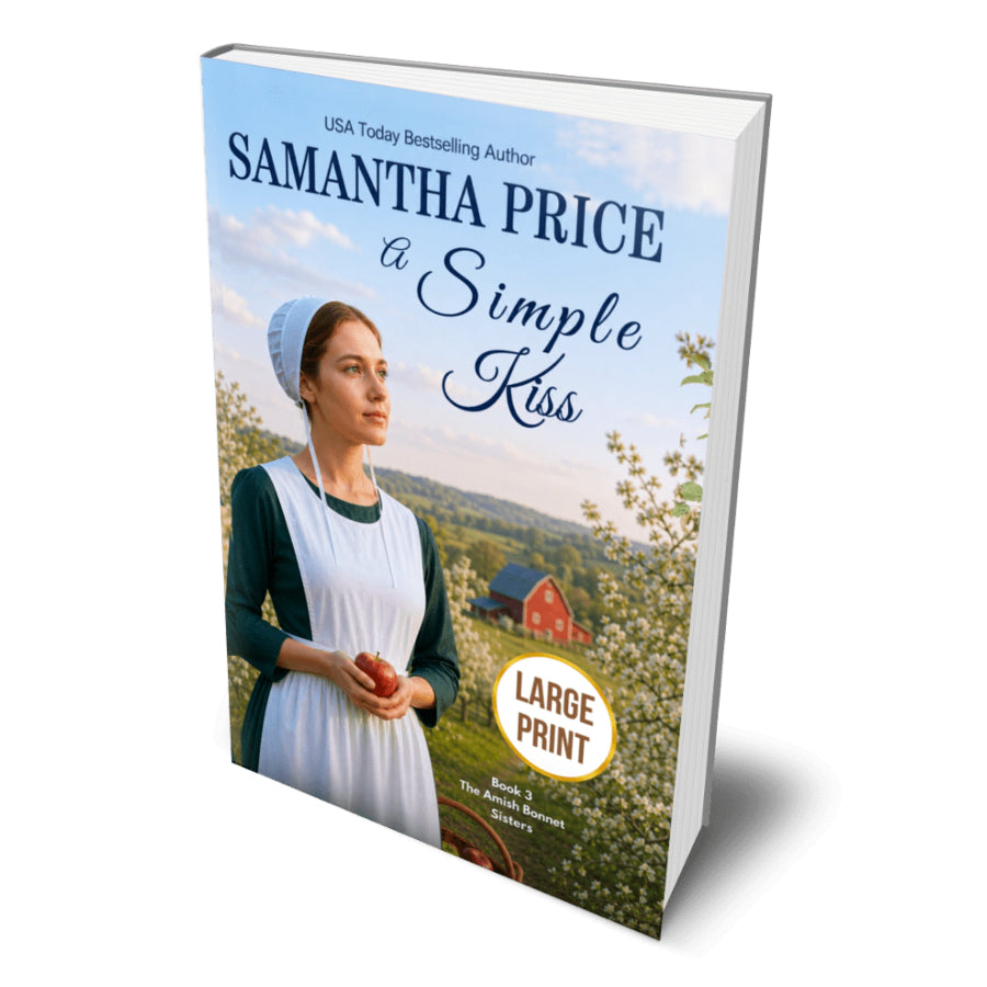 BOOK COVER OF AN AMISH WOMAN HOLDING AN APPLE, IN A FIELD
