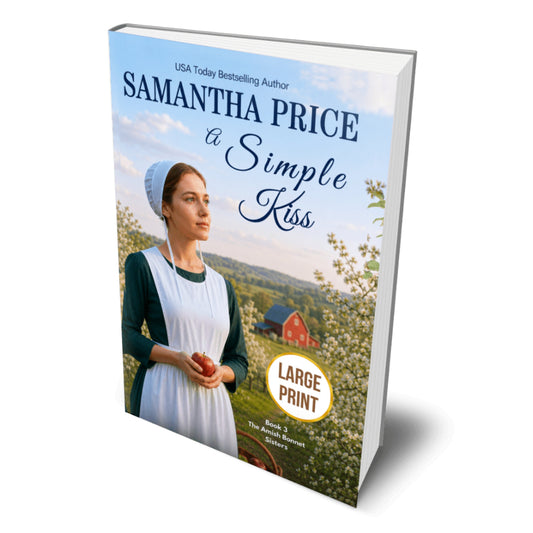 BOOK COVER OF AN AMISH WOMAN HOLDING AN APPLE, IN A FIELD