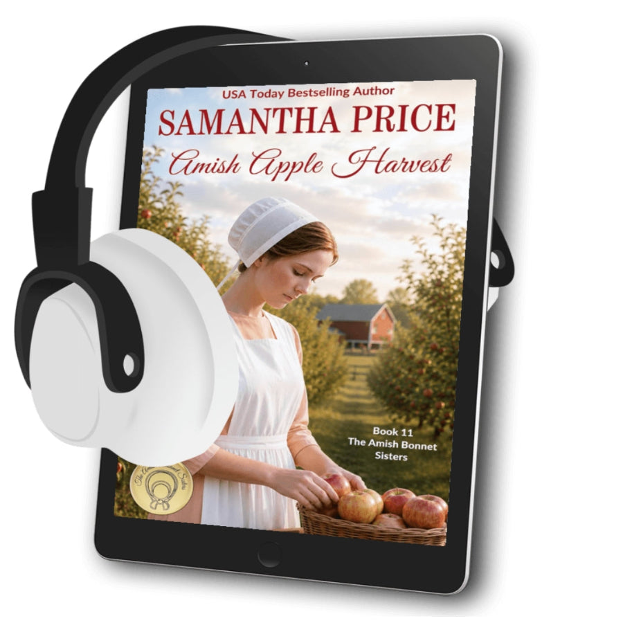 Amish Apple Harvest Audiobook Amish Woman standing in apple orchard