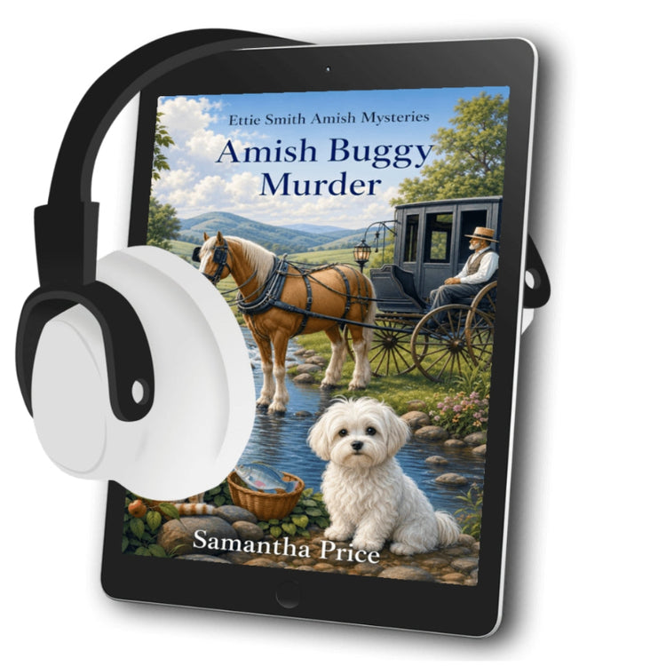 An amish cozy mystery audiobook with a horse and buggy, dog, river and amish man sitting in the buggy 