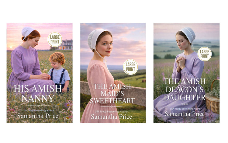 Three book covers by Samantha Price featuring Amish characters and settings.