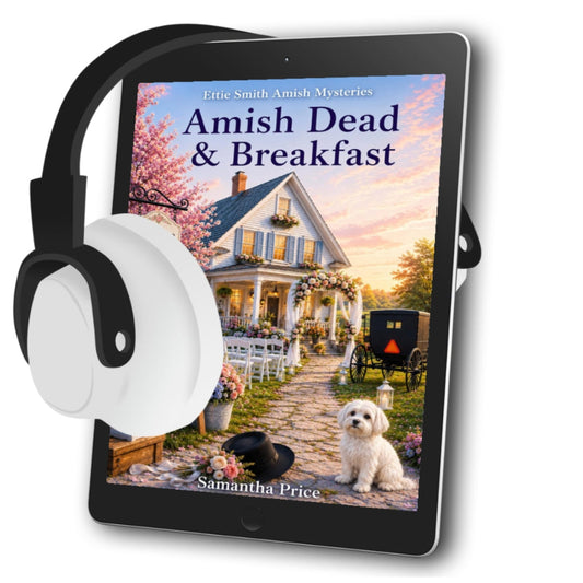 An amish cozy mystery audiobook with a dog on the cover and wedding decorations covering an amish house