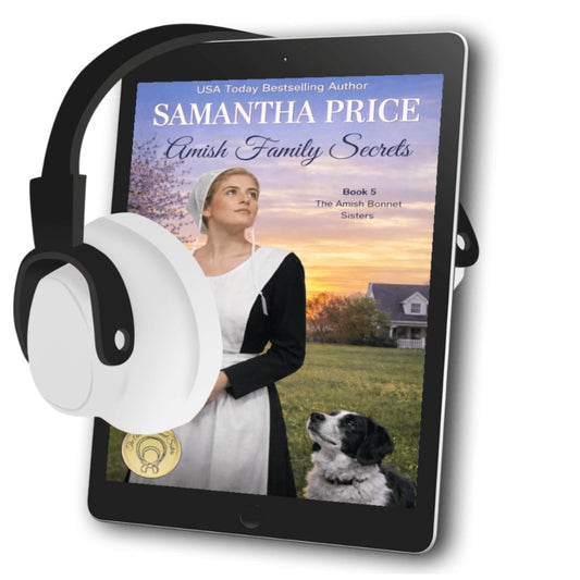 Audiobook Amish Family Secrets Amish Woman standing in field with dog