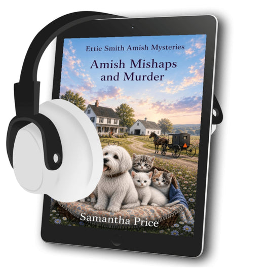 An Amish cozy mystery audiobook with a dog and cute kittens on the cover also a horse and buggy 