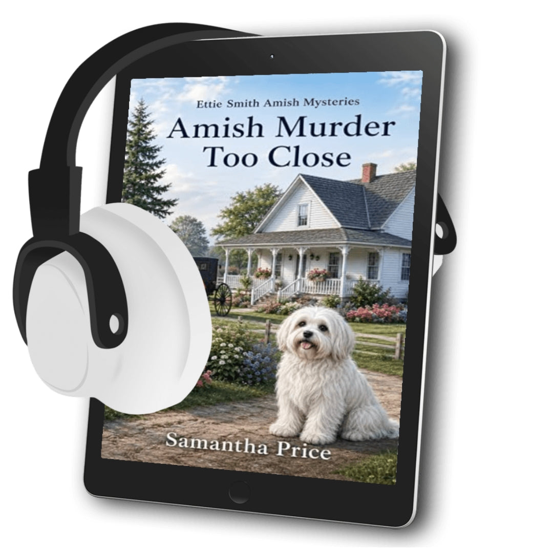 Amish Cozy mystery audiobook with dog and amish house 