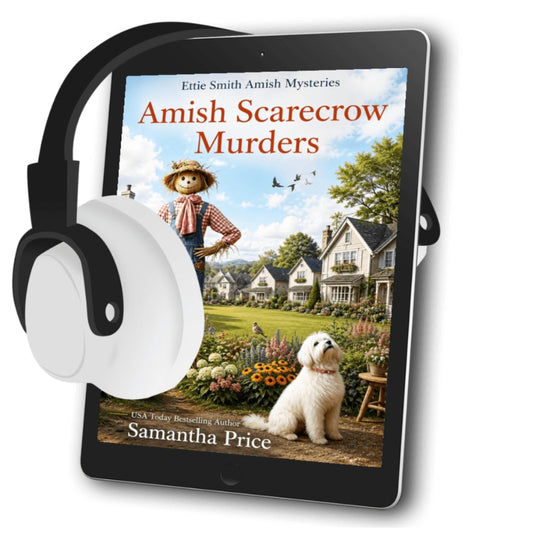 Amish cozy mystery audiobook with a scarecrow and dog on the cover set in an amish setting