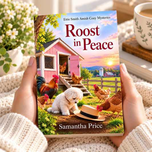 A person holds a paperback book titled "Roost in Peace" by Samantha Price. The cover art shows a small white dog, a pink chicken coop, several chickens, and a rural sunset scene.
