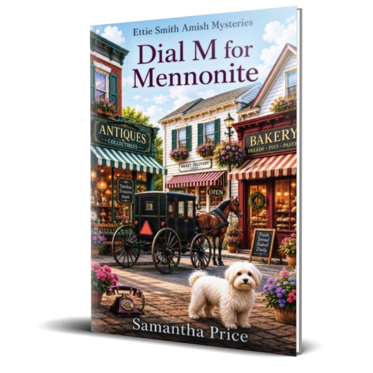 Book cover of 'Dial M for Mennonite' by Samantha Price with a town scene and horse-drawn carriage.