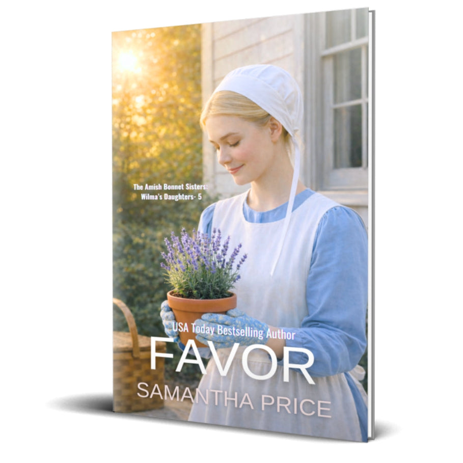 FAVOR COVER featuring an amish woman holding a pot plant. she is wearing a blue dress