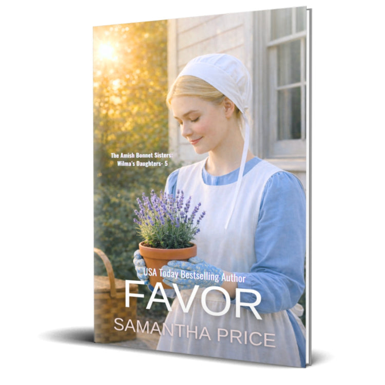 FAVOR COVER featuring an amish woman holding a pot plant. she is wearing a blue dress