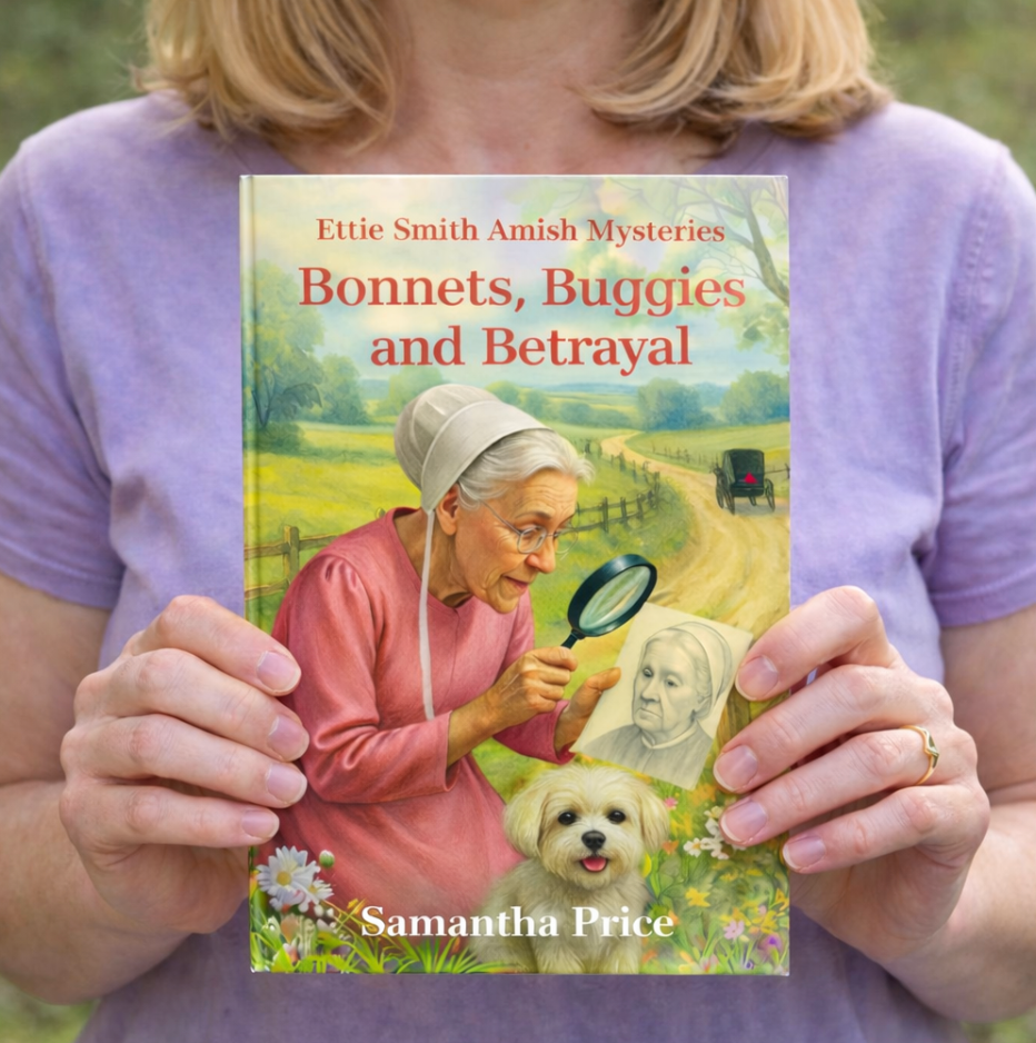 Person holding a book titled 'Bonnets, Buggies and Betrayal' by Samantha Price