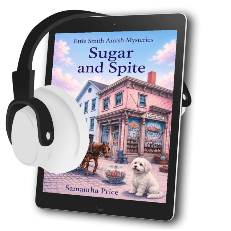 an amish cozy mystery audiobook pink pastel themed cover with a horse and buggy, candies and a dog on the cover outside an amish candy store