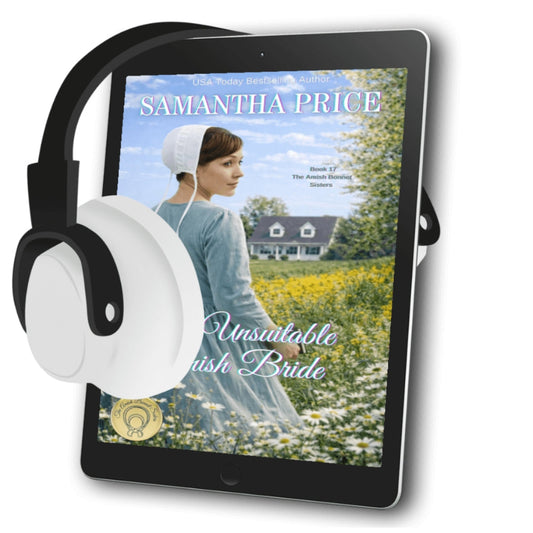The Unsuitable Amish Bride Audiobook Amish Woman standing in a field surrounded by flowers