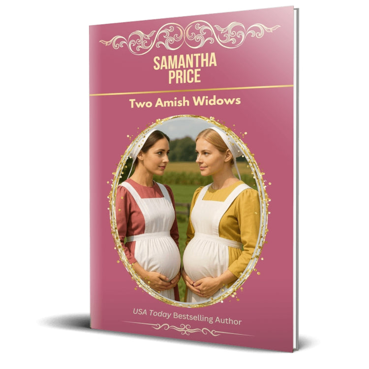 Book cover of 'Two Amish Widows' by Samantha Price with two women in traditional Amish clothing on a pink background.