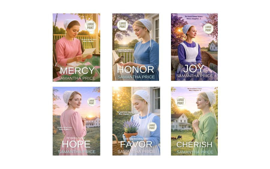 Six book covers arranged in a 2x3 grid on a white background. Each cover shows a woman in historical dress holding flowers or reading, with titles Mercy, Honor, Joy, Hope, Favor, and Cherish, and the author name Samantha Price visible on the covers.