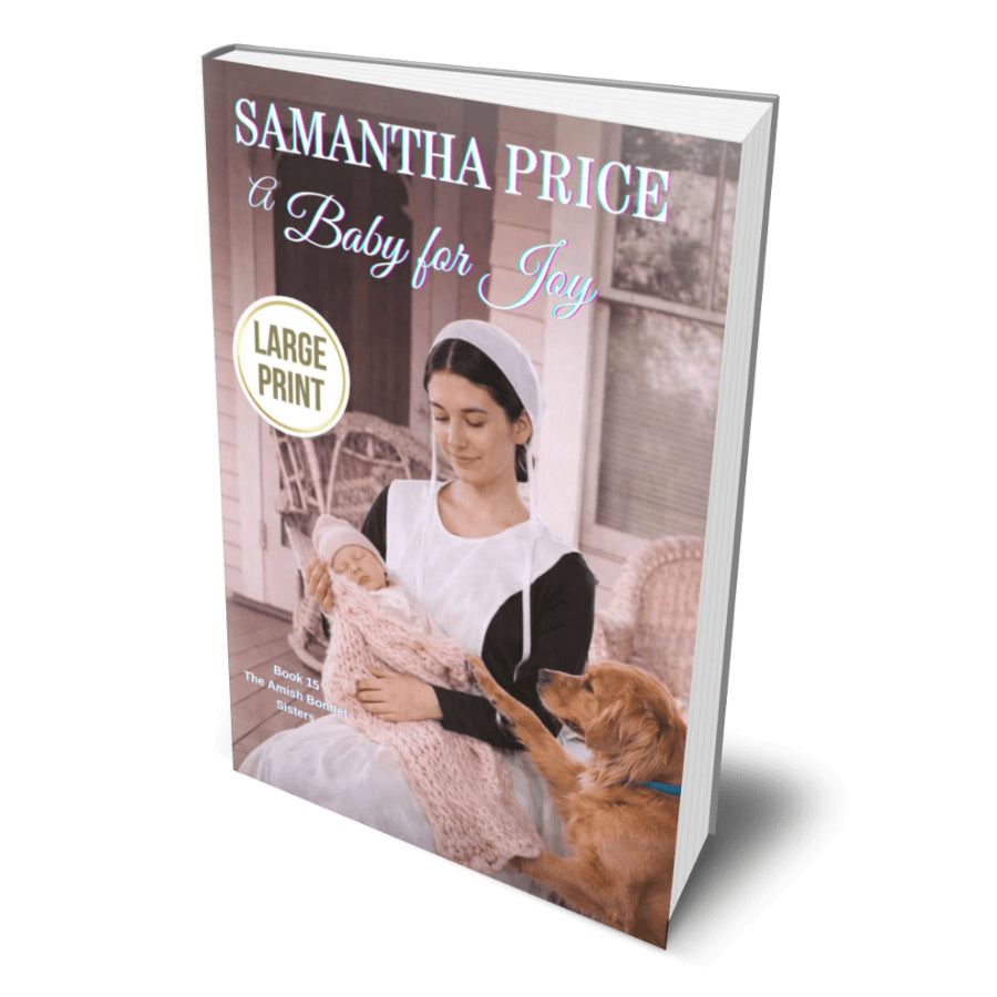 cover of an amish woman holding a baby. There is also a dog. A Baby for Joy