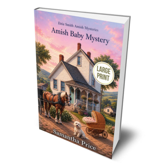 Book cover of 'Amish Baby Mystery' by Samantha Price with a horse and buggy illustration.