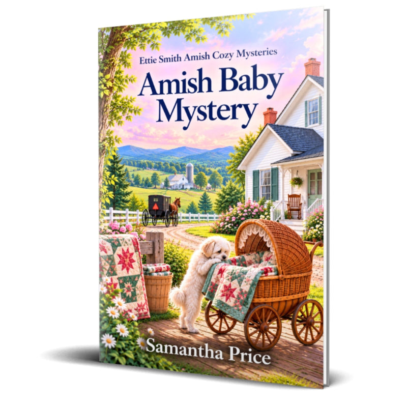 Amish baby mystery cover depicting an old-fashioned baby carriage,Amish baby mystery cover depicting an old-fashioned baby carriage, an Amish scene and a small white dog peeking into the baby carriage