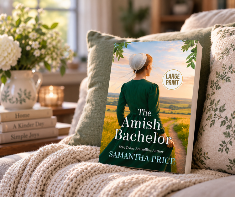 book the amish bachelor large print, propped up against green and cream cushions on a couch.