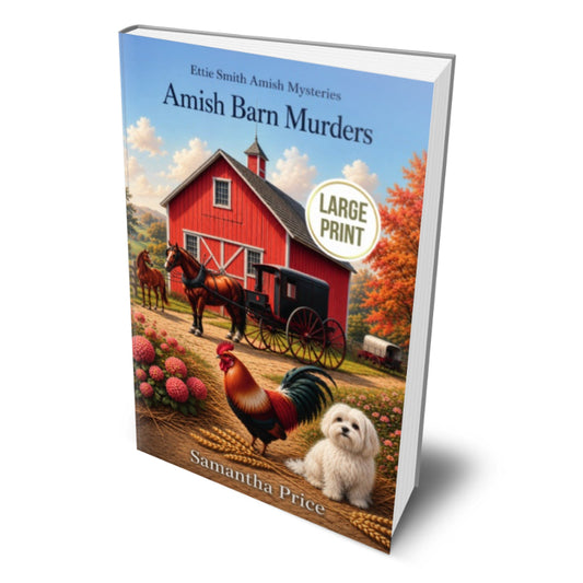 Book cover of 'Amish Barn Murders' with a red barn, horses, and a rooster on a white background